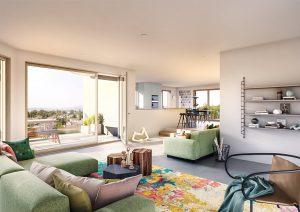 Klarer Grundriss, offener Wohn-, Ess- und Kochbereich mit grossen Fensterfronten und moderner Materialisierung